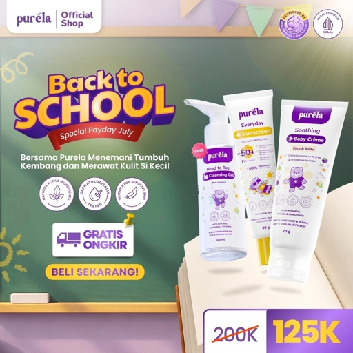 [Back to School] SUN & GLOW - FREE Cleansing Gel 100ML, Purela Everyday Sunscreen SPF 50+ PA++++ 30 gr &  Soothing Baby Creme 70g