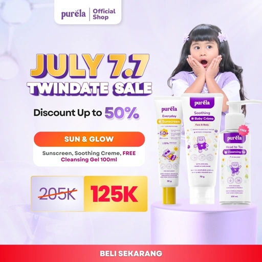 [BEST SELLER] SUN & GLOW - FREE Cleansing Gel 100ML, Purela Everyday Sunscreen SPF 50+ PA++++ 30 gr &  Soothing Baby Creme 70g