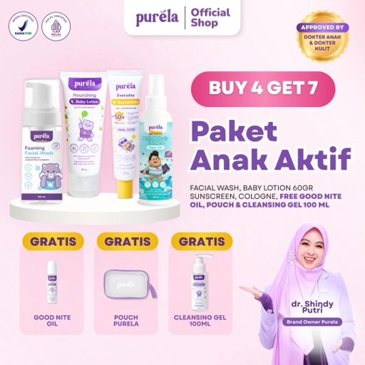 Image of [BUY 4 GET 7] PAKET ANAK AKTIF - Facial wash anak 100ml, Baby Lotion 60gr, Sunscreen SPF 50+ PA++++, Parfum anak Purela X Jumbo varian DON - GRATIS Good Nite Oil, Cleansing Gel 100ml, Pouch - Cocok untuk kulit sensitif - Dermatologist Tested