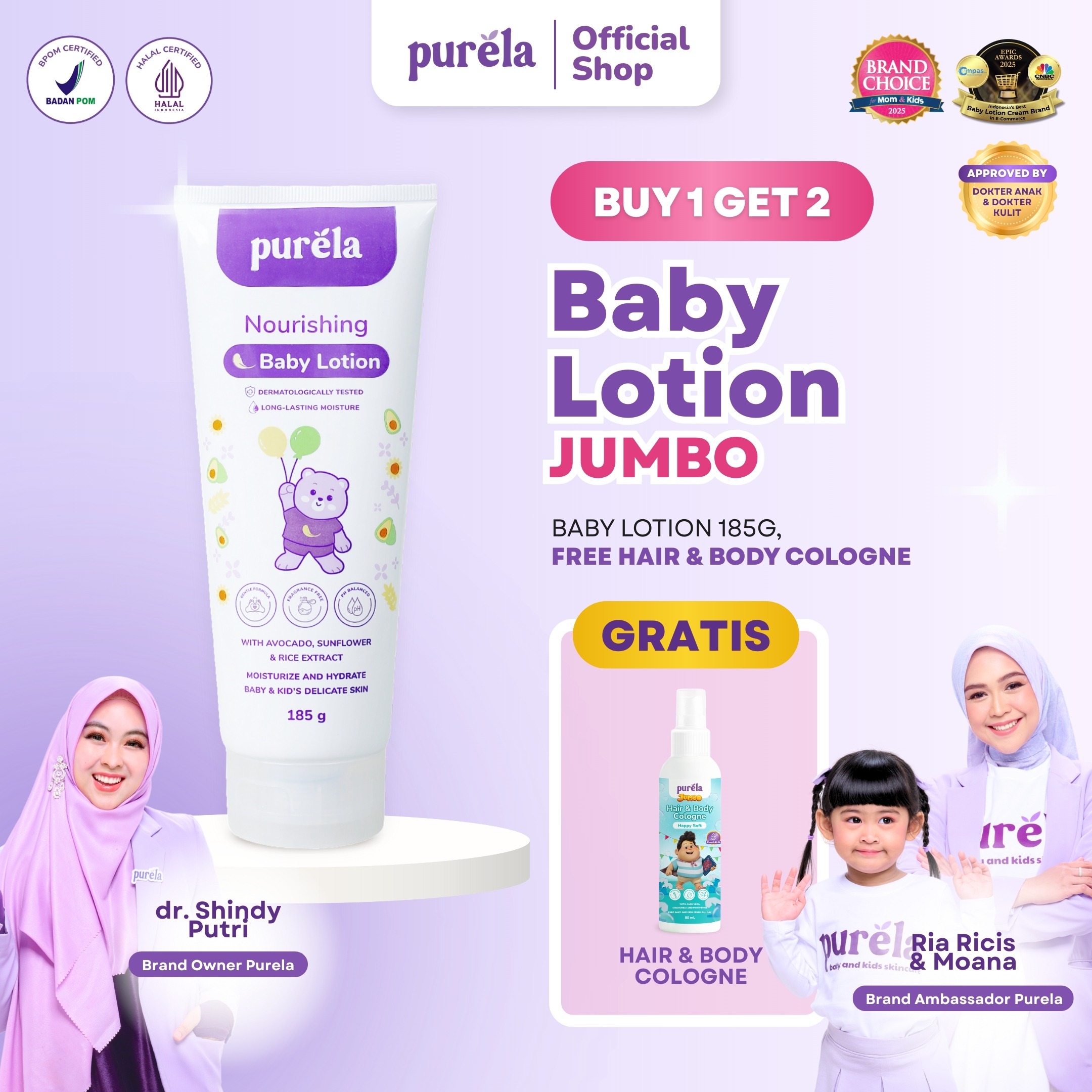 [BUY 1 GET 2] [FREE COLOGNE JUMBO] Purela Nourishing Baby Lotion 185 gram - Natural Skincare - Skincare Baby - Lotion Baby - membantu mengatasi kulit bayi sensitif - Protector Natural Organic Baby Newborn Toddler
