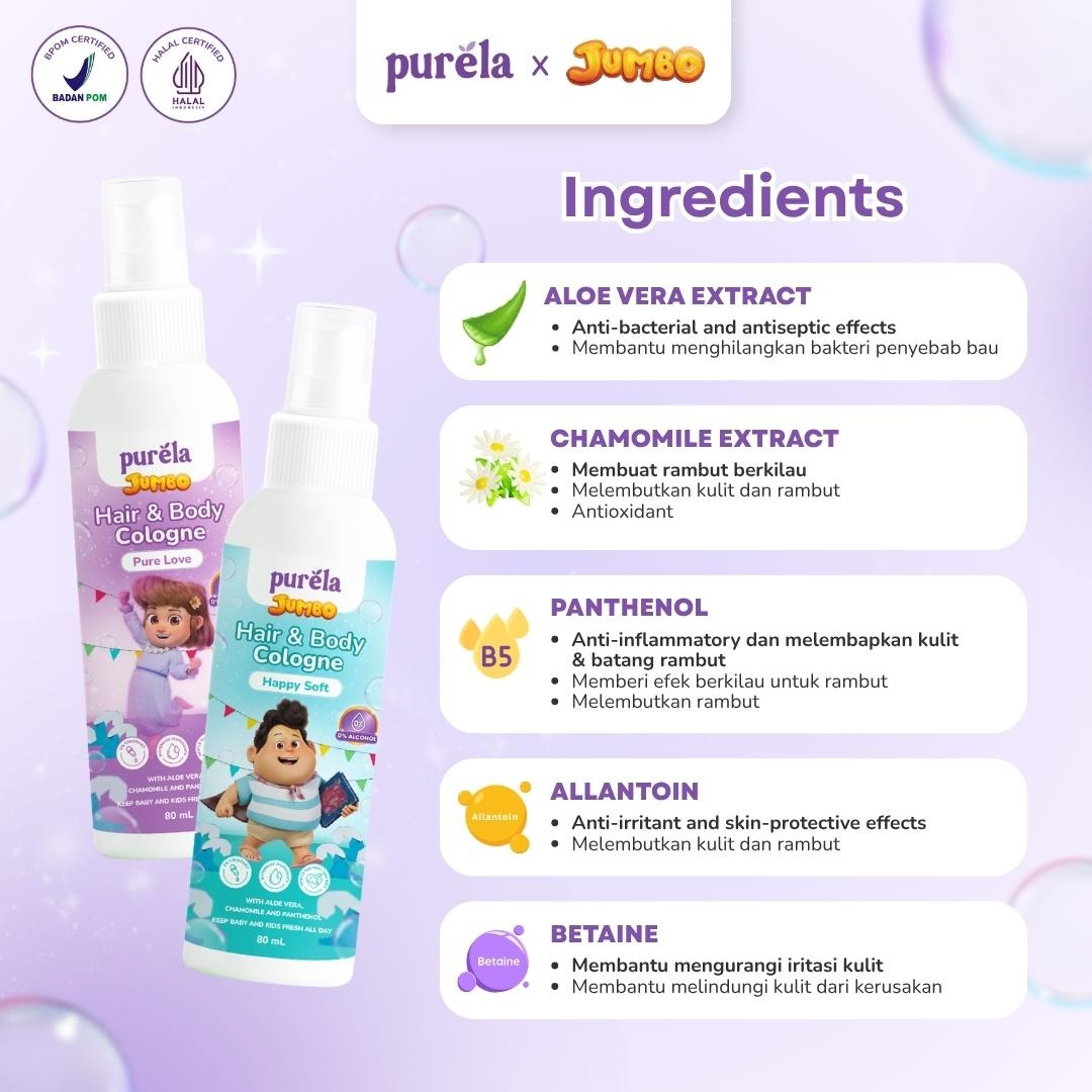 [Official] Purela Hair & Body Cologne 80ml - 2 in 1 untuk rambut dan badan Parfum Anak 0% Alcohol dan Anti iritan - Aman untuk anak 6 bulan + With Aloe Vera, Chamomile, dan Allantoin - Wangi Premium Tahan 5 Jam +