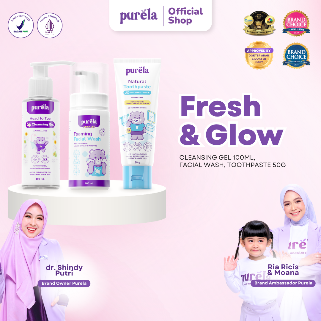 PURELA Fresh & Glow [FACIAL WASH + 3IN1 CLEANSING GEL + TOOTHPASTE] – Paket Lengkap Kebersihan Anak | Sabun + Sampoo non SLS – Sabun Cuci Muka Tidak Perih di Mata – Pasta Gigi Anak Aman Tertelan