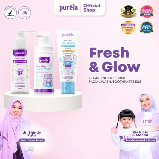 Image of PURELA Fresh & Glow [FACIAL WASH + 3IN1 CLEANSING GEL + TOOTHPASTE] – Paket Lengkap Kebersihan Anak | Sabun + Sampoo non SLS – Sabun Cuci Muka Tidak Perih di Mata – Pasta Gigi Anak Aman Tertelan