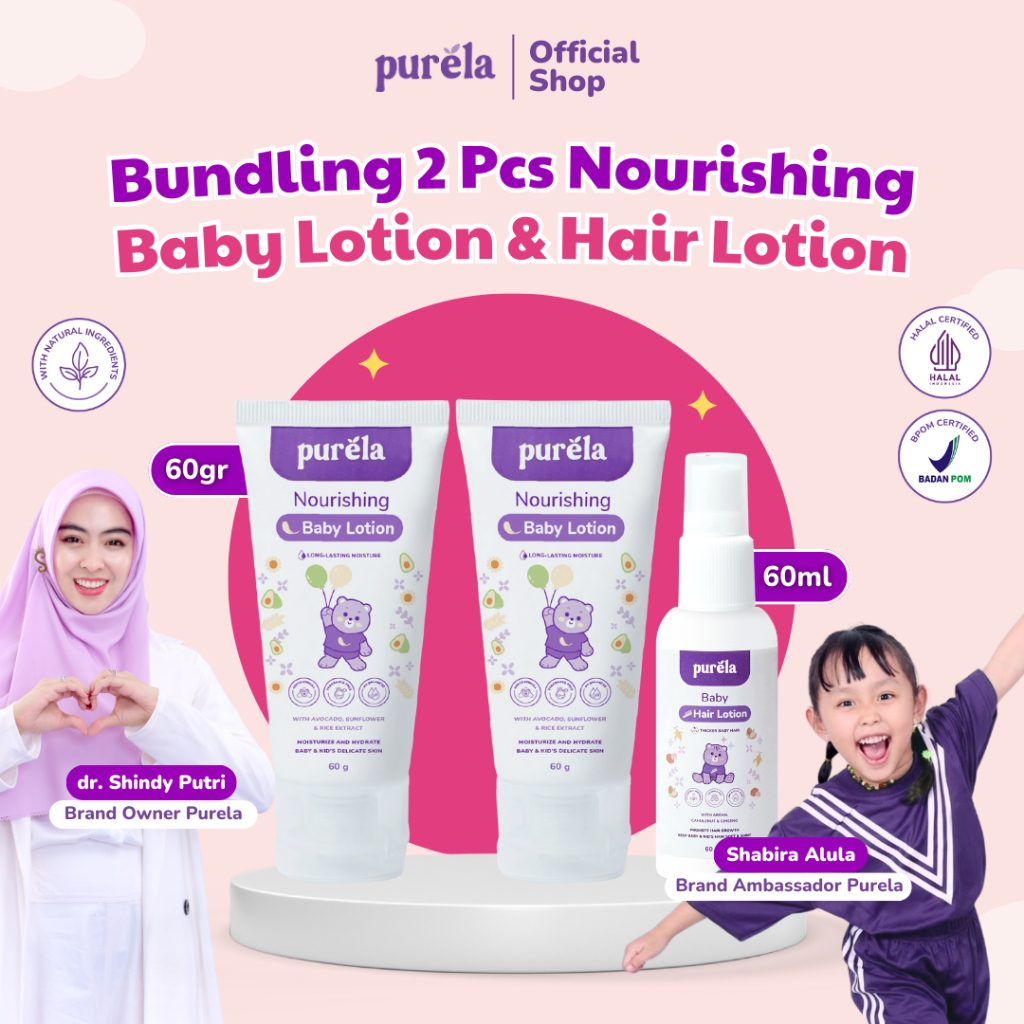 PURELA Bundling 2 Pcs Nourishing Baby Lotion & Hair Lotion - Hair Body Baby Lotion Set - Pelembab Kulit Dan Penyubur Rambut Bayi Anak - Bahan Alami dan Organik