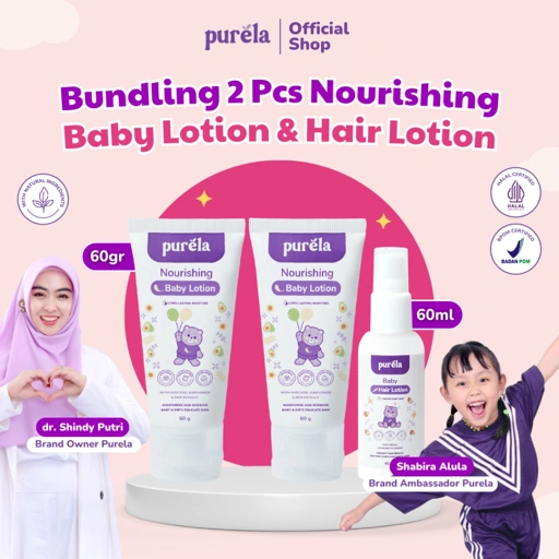 Image of PURELA Bundling 2 Pcs Nourishing Baby Lotion & Hair Lotion - Hair Body Baby Lotion Set - Pelembab Kulit Dan Penyubur Rambut Bayi Anak - Bahan Alami dan Organik