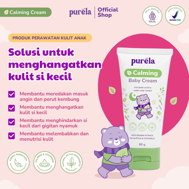 PURELA Calming Baby Cream - Natural Active Ingredients - No Parfum, SLS, Paraben - Memberikan Kenyamanan, Melindungi serta Merawat Kulit si Kecil Bayi Sensitif