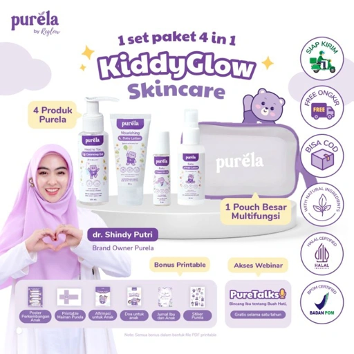 Image of Purela Kiddy Glow Skincare 4in1 + Calming Cream (Free Pouch) - Perawatan Pencerah Kulit Bayi Anak - Bahan Alami