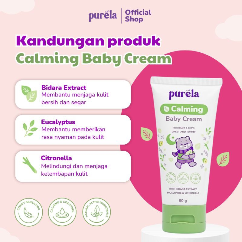 PURELA Calming Baby Cream - Natural Active Ingredients - No Parfum, SLS, Paraben - Memberikan Kenyamanan, Melindungi serta Merawat Kulit si Kecil Bayi Sensitif