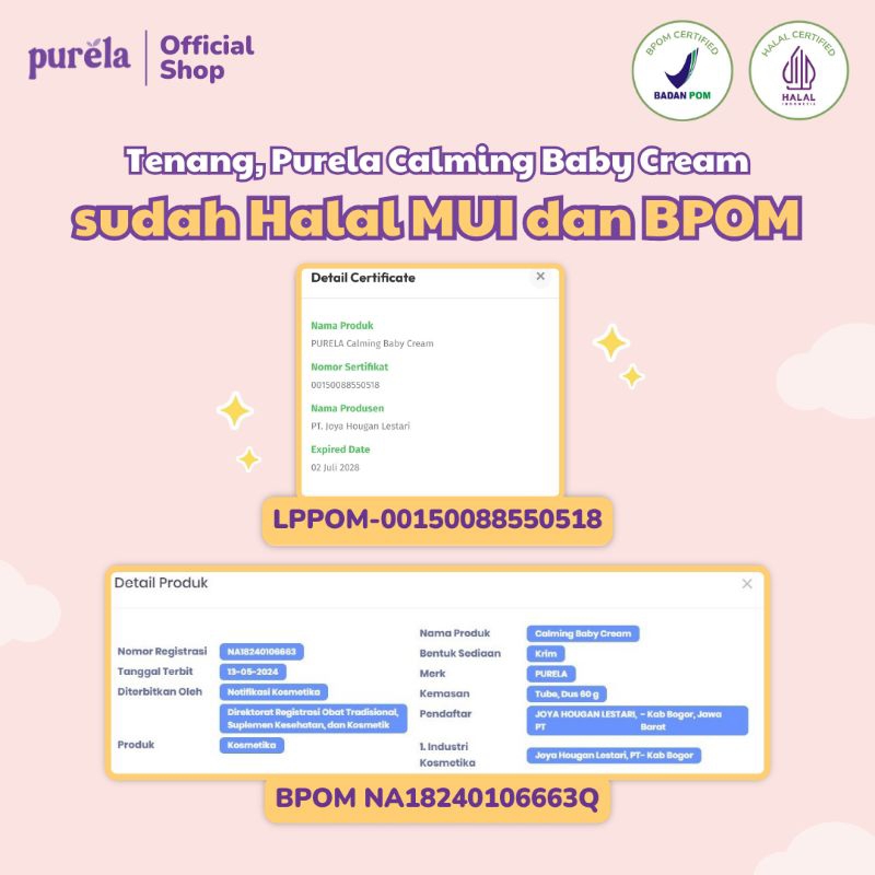 PURELA Calming Baby Cream - Natural Active Ingredients - No Parfum, SLS, Paraben - Memberikan Kenyamanan, Melindungi serta Merawat Kulit si Kecil Bayi Sensitif