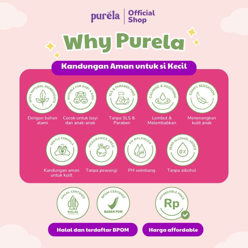 PURELA Calming Baby Cream - Natural Active Ingredients - No Parfum, SLS, Paraben - Memberikan Kenyamanan, Melindungi serta Merawat Kulit si Kecil Bayi Sensitif