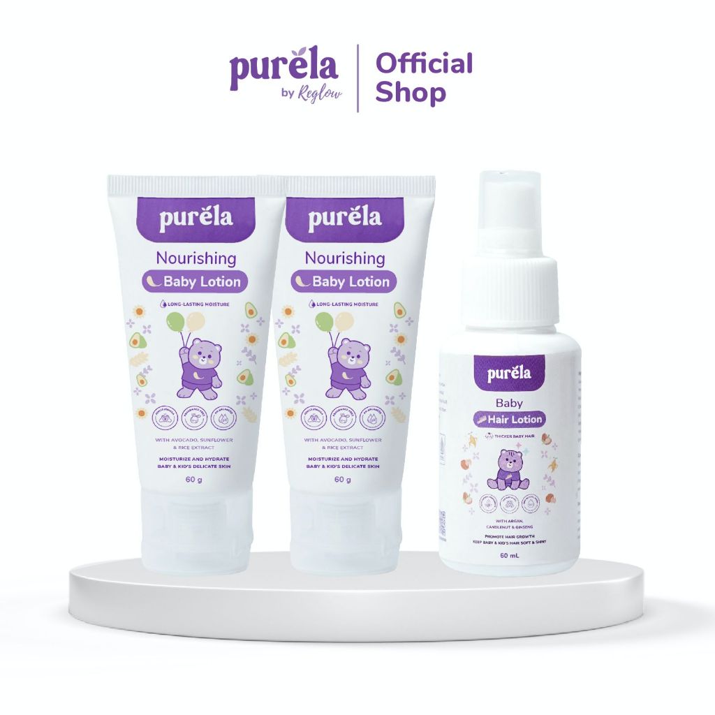 PURELA Bundling 2 Pcs Nourishing Baby Lotion & Hair Lotion - Hair Body Baby Lotion Set - Pelembab Kulit Dan Penyubur Rambut Bayi Anak - Bahan Alami dan Organik