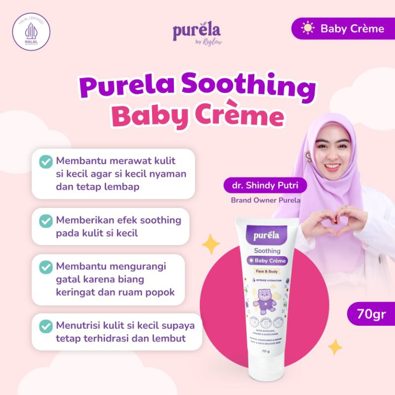 PURELA Soothing Baby Creme 70 gr - Krim untuk Membantu Mengurangi Gatal karena Biang Keringat dan Ruam Popok - Bahan Alami dan Organik