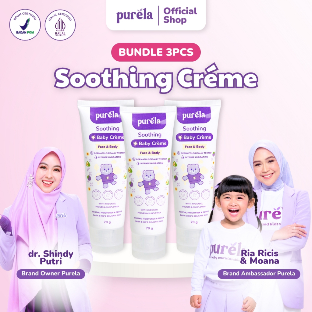 [FREE Cleansing Gel] PURELA Bundle 3 Pcs Soothing Creme 70gr - Krim Penghilang Ruam Dan Biang Keringa  - Bahan Alami dan Organik