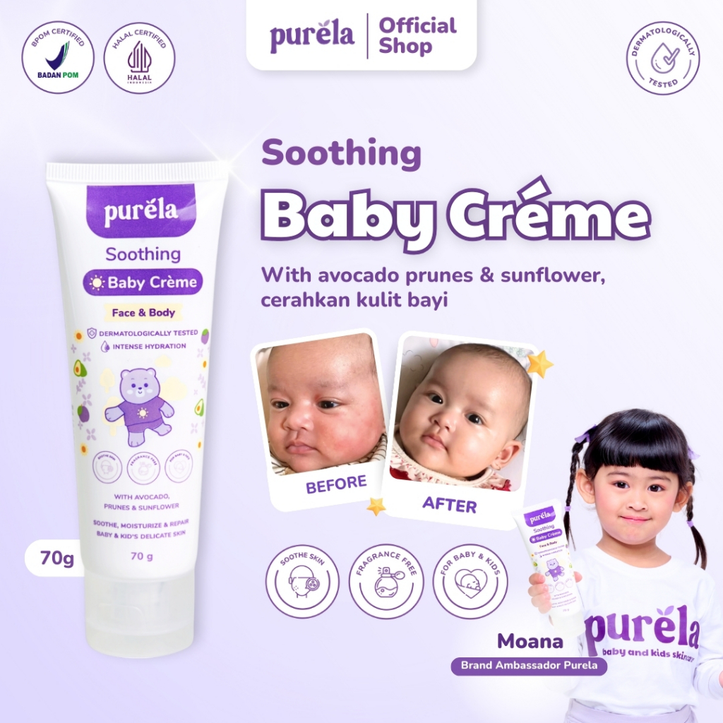 PURELA Soothing Baby Creme 70 gr - Krim untuk Membantu Mengurangi Gatal karena Biang Keringat dan Ruam Popok - Bahan Alami dan Organik