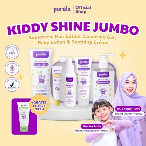Image of KIDDY SHINE JUMBO [BUY 5 GET 7][FREE CALMING BABY CREME 60 GR + POUCH] Purela Physical Sunscreen SPF 50+PA++++30 gr, Soothing Baby Creme 70 gr,  Head To Toe Cleasing Gel 250 ml, Hair Lotion 100 ml, Nourishing Baby Lotion 185 gr,