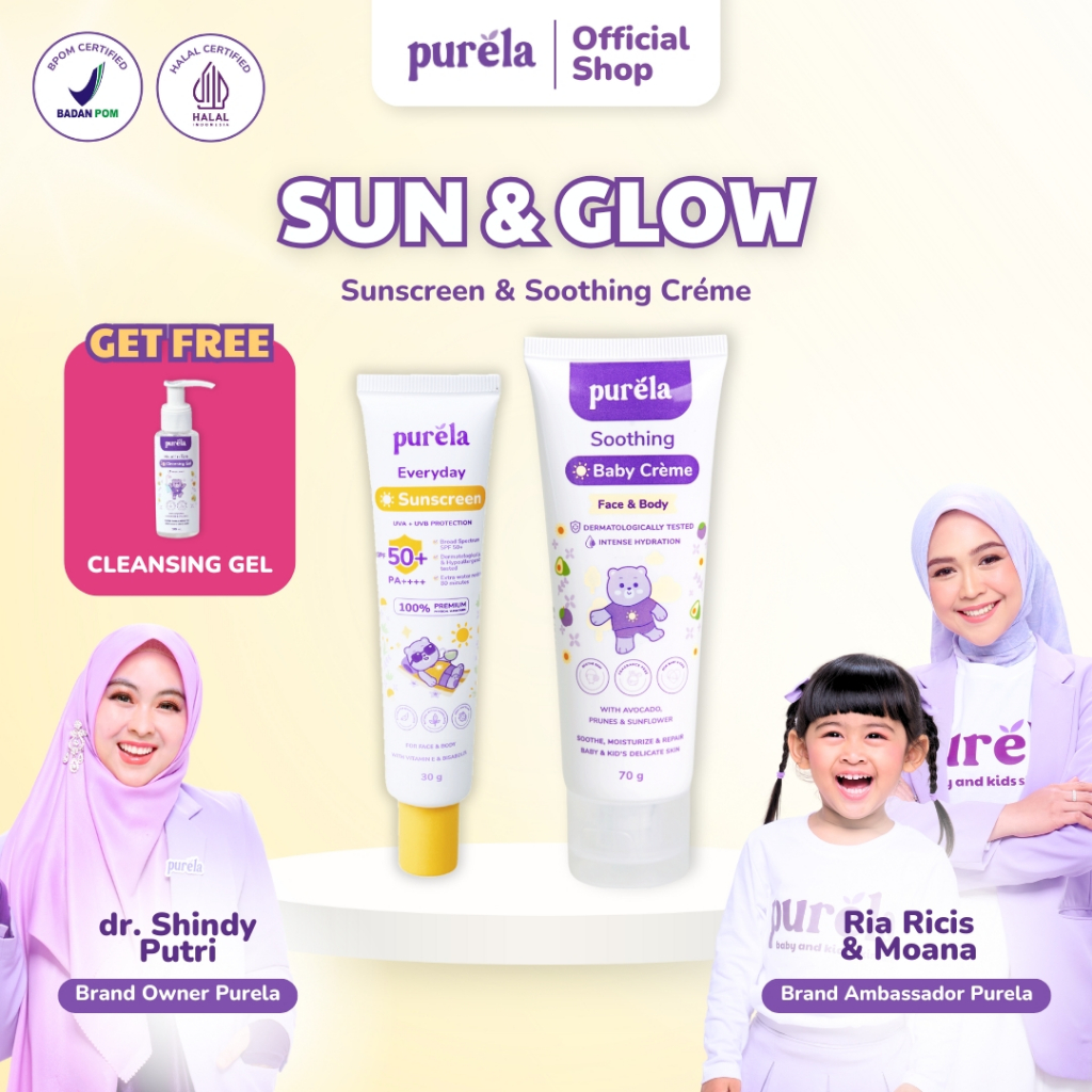 [Back to School] SUN & GLOW - FREE Cleansing Gel 100ML, Purela Everyday Sunscreen SPF 50+ PA++++ 30 gr &  Soothing Baby Creme 70g