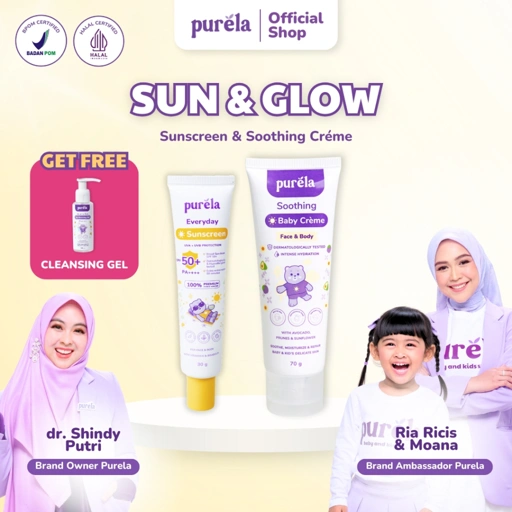 Image of SUN & GLOW [FREE CLEANSING GEL 100  ML] Purela Everyday Sunscreen SPF 50+ PA++++ 30 gr &  Soothing Baby Creme 70g