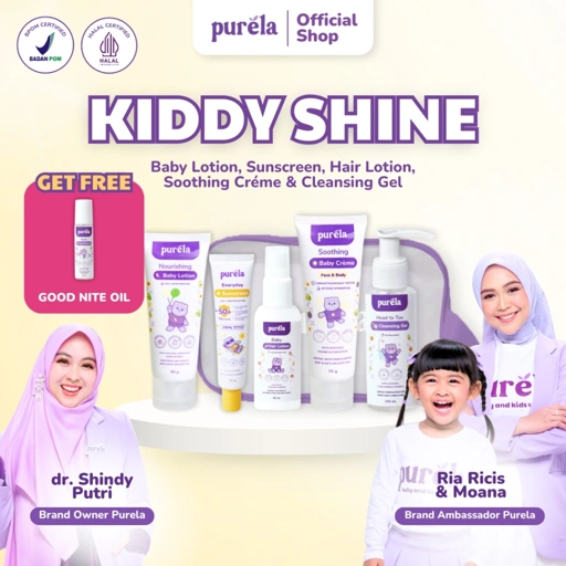 Image of KIDDY SHINE [BUY 5 GET 7][FREE POUCH + GOOD NITE OIL] Purela Physical Sunscreen SPF 50+PA++++30 gr, Soothing Baby Creme 70 gr,  Head To toe Cleasing Gel 100 ml, Hair Lotion 60 ml, Nourishing Baby Lotion 60 gr,