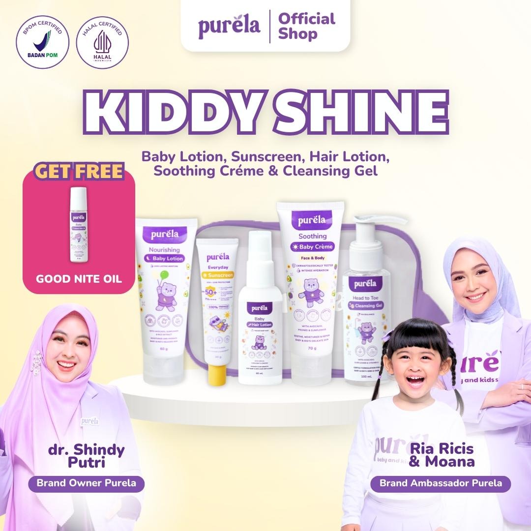 KIDDY SHINE JUMBO [BUY 5 GET 7][FREE CALMING BABY CREME 60 GR + POUCH] Purela Physical Sunscreen SPF 50+PA++++30 gr, Soothing Baby Creme 70 gr,  Head To Toe Cleasing Gel 250 ml, Hair Lotion 100 ml, Nourishing Baby Lotion 185 gr,