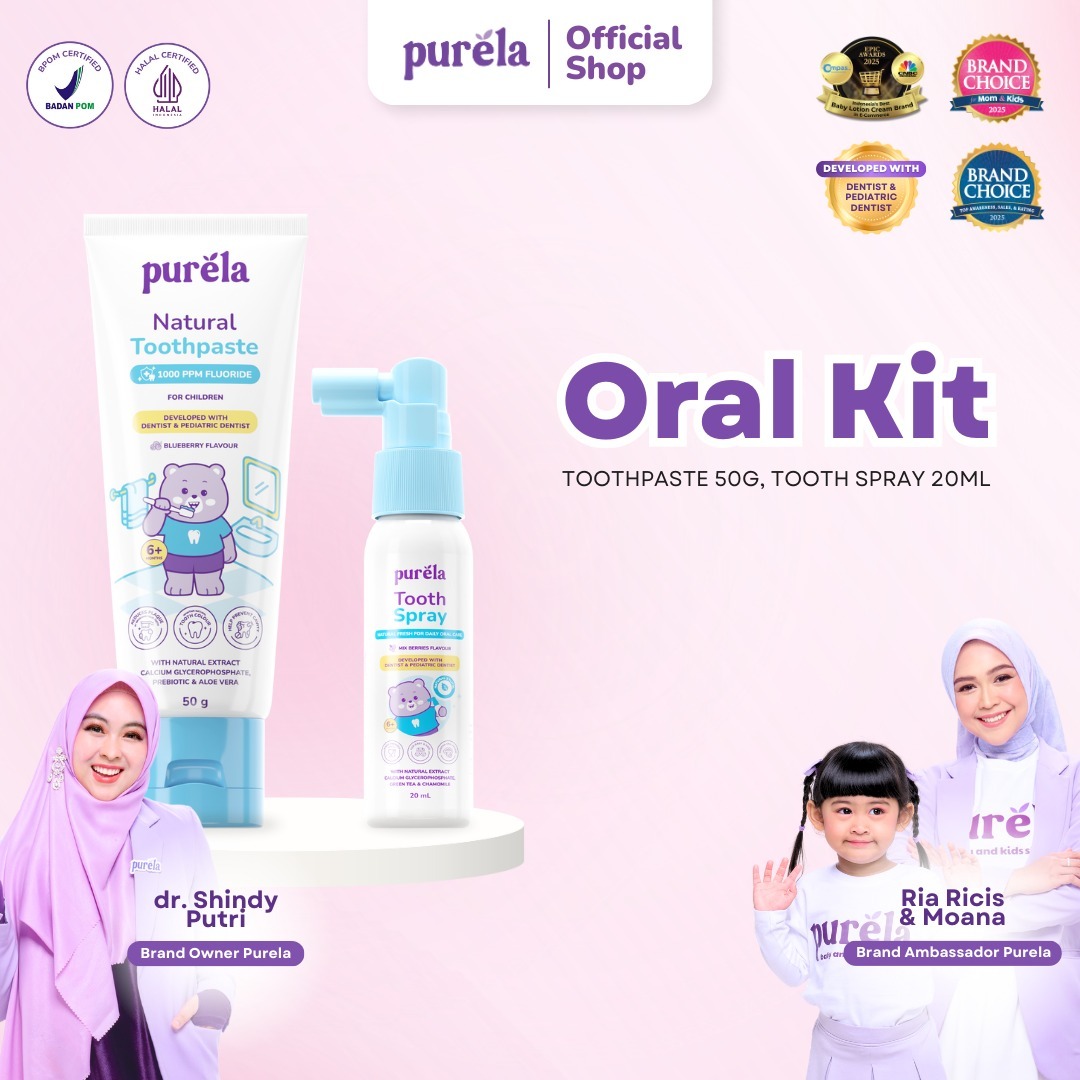 PURELA ORAL KIT [TOOTHPASTE + TOOTHSPRAY] - Perawatan Gigi & Mulut Anak – Untuk 6 bulan + – Cegah Karies dan Gigi Berlubang – Cegah Bau Mulut – BPOM – HALAL MUI