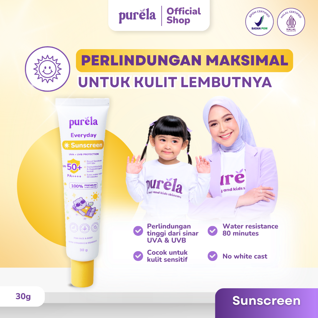 [BEST SELLER] Purela Physical Sunscreen Anak SPF 50+ PA+++ 30 gr -   Water Resistant 80 min - Suitable for Sensitive Skin,  Dermatologically & Hypoallergenic Tested -  Skincare Untuk Bayi & Anak