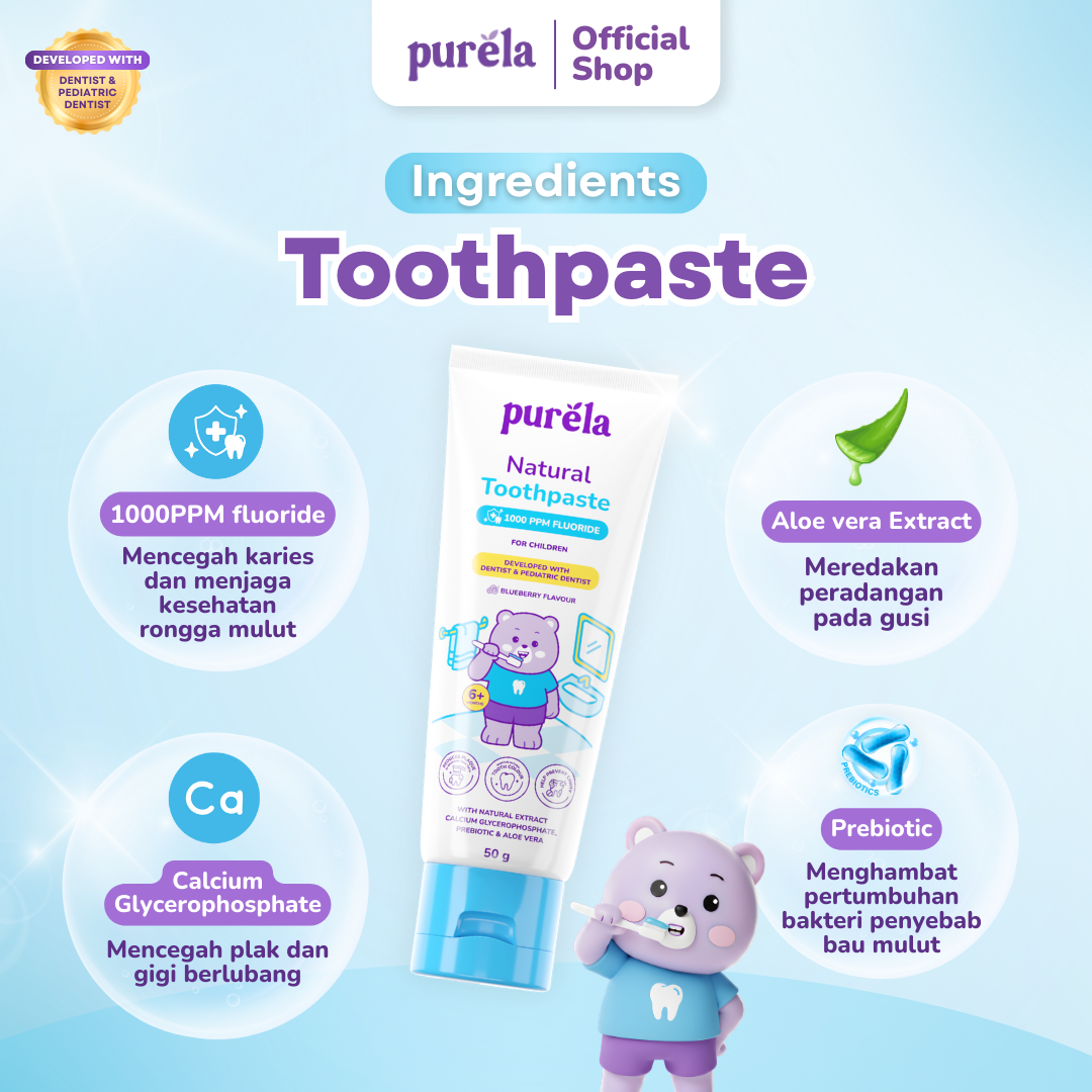 PURELA Fresh & Glow [FACIAL WASH + 3IN1 CLEANSING GEL + TOOTHPASTE] – Paket Lengkap Kebersihan Anak | Sabun + Sampoo non SLS – Sabun Cuci Muka Tidak Perih di Mata – Pasta Gigi Anak Aman Tertelan
