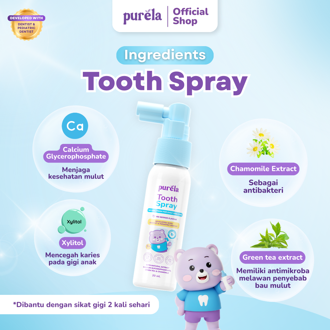 [OFFICIAL] PURELA TOOTH SPRAY (20ml) - Napas Segar dan Gigi Sehat - Natural Xylitol dan Calcium Glycerophosphate - Food Friendly - Mix Berrier Flavor