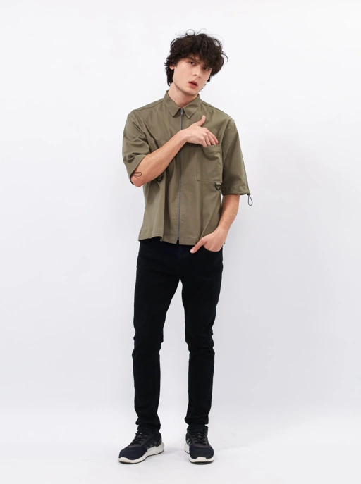 Image of THANKSTOME KEMEJA WORKSHIRT SIMPLE LENGAN SERUT RESLETING UNISEX DEWASA OLIVE GREEN | STONERS SERIES