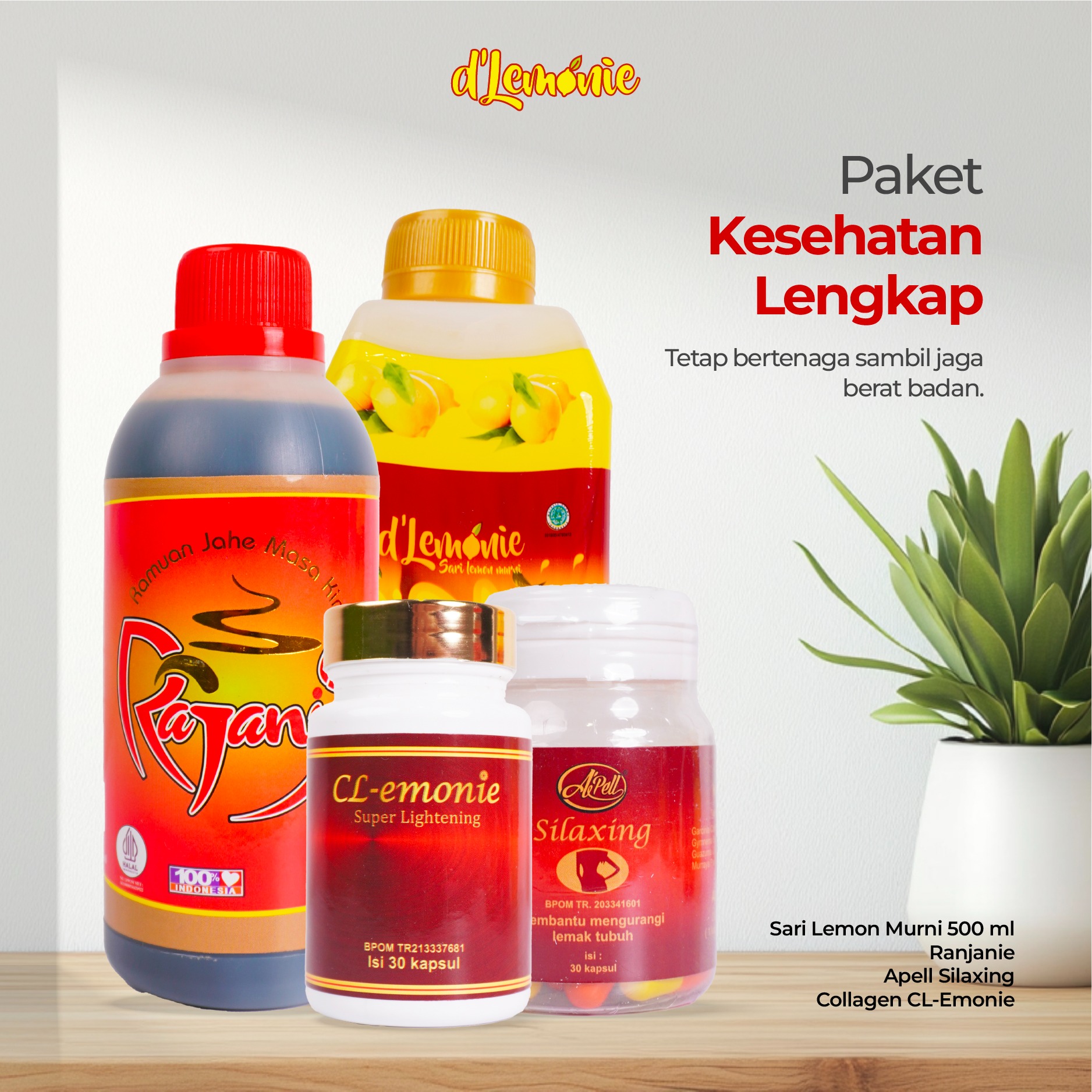 D'lemonie – Paket Kesehatan Lengkap 4 in 1 – Dlemonie + Apell Silaxing + Collagen CL-Emonie + Rajanie – Bundling Herbal Alami