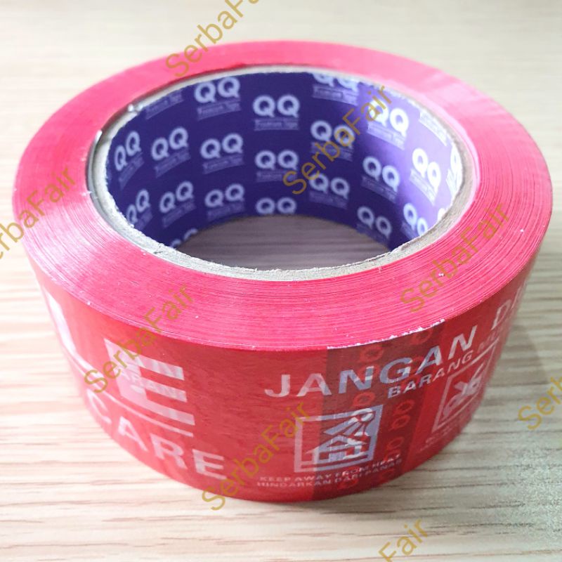 Lakban Fragile QQ Jangan Dibanting Merah / Putih 100Meter FULL Tebal Murah Ekonomis