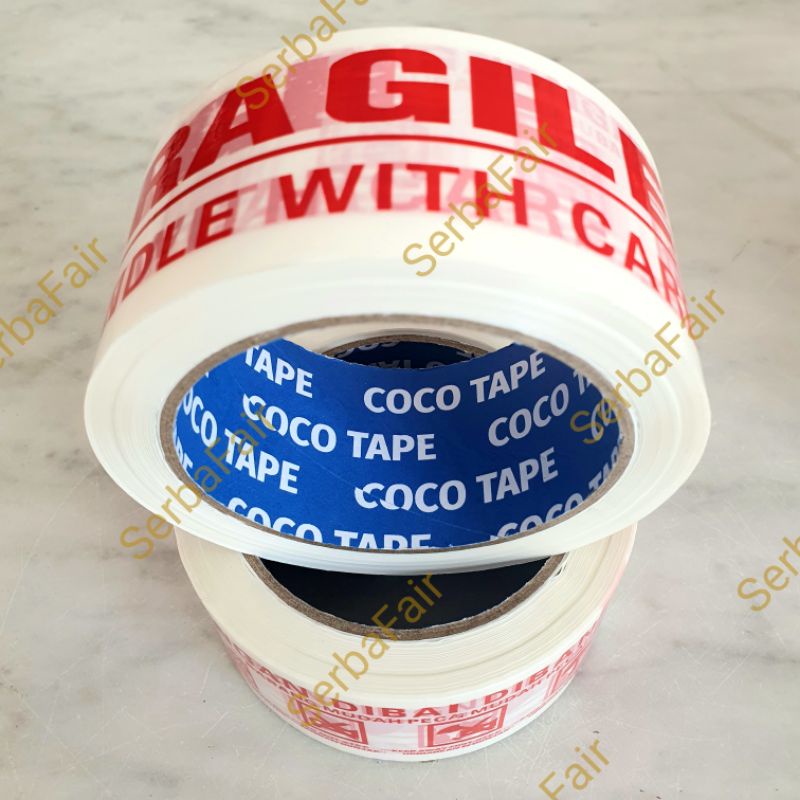 Lakban Fragile Merah / Putih Coco 2Inch (48mm) 90Yards 2bahasa LENGKAP