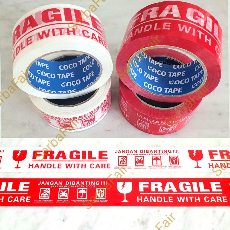 Lakban Fragile Merah / Putih Coco 2Inch (48mm) 90Yards 2bahasa LENGKAP