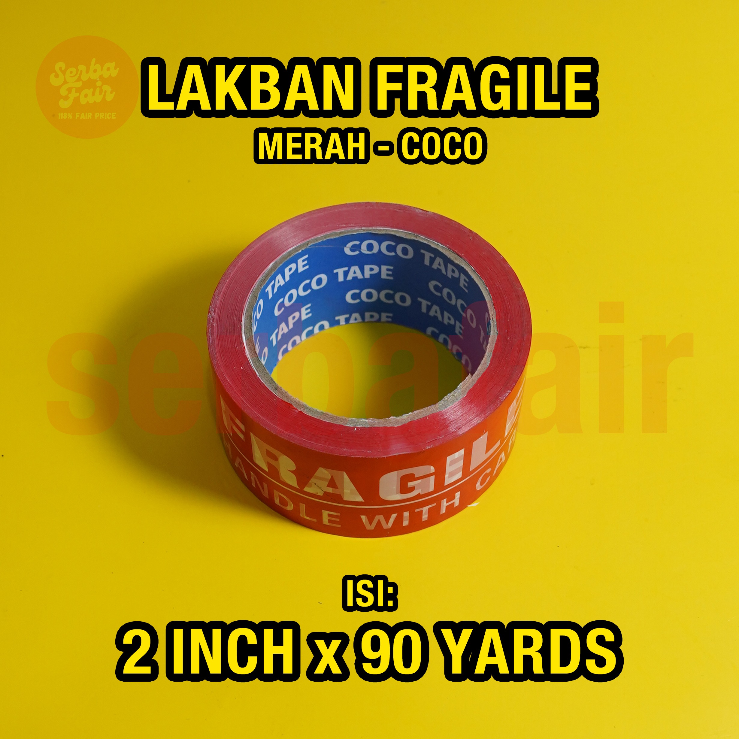 Lakban Fragile Merah / Putih Coco 2Inch (48mm) 90Yards 2bahasa LENGKAP