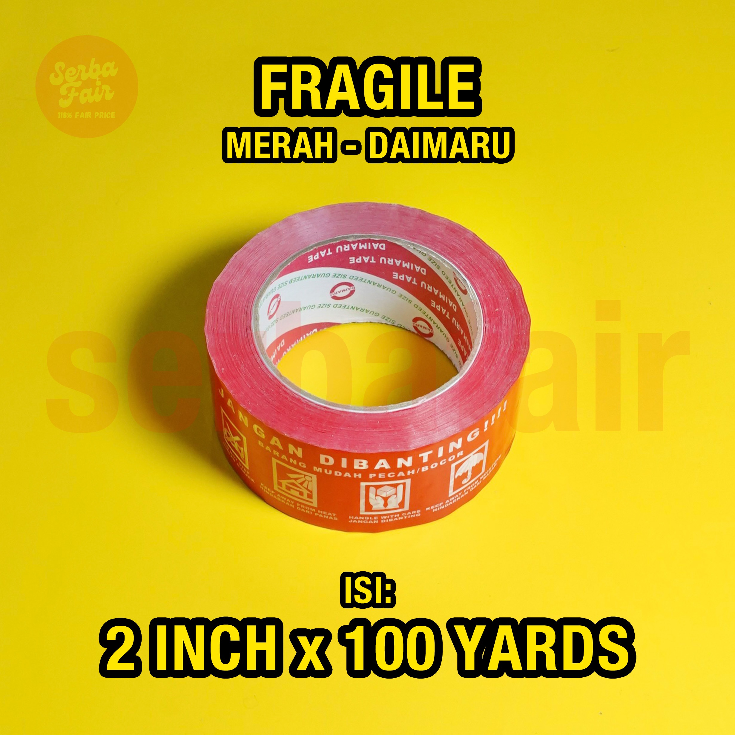 Lakban Fragile Puti/ MerahDaimaru 48mm 2 inch 100meter panjang berkualitas