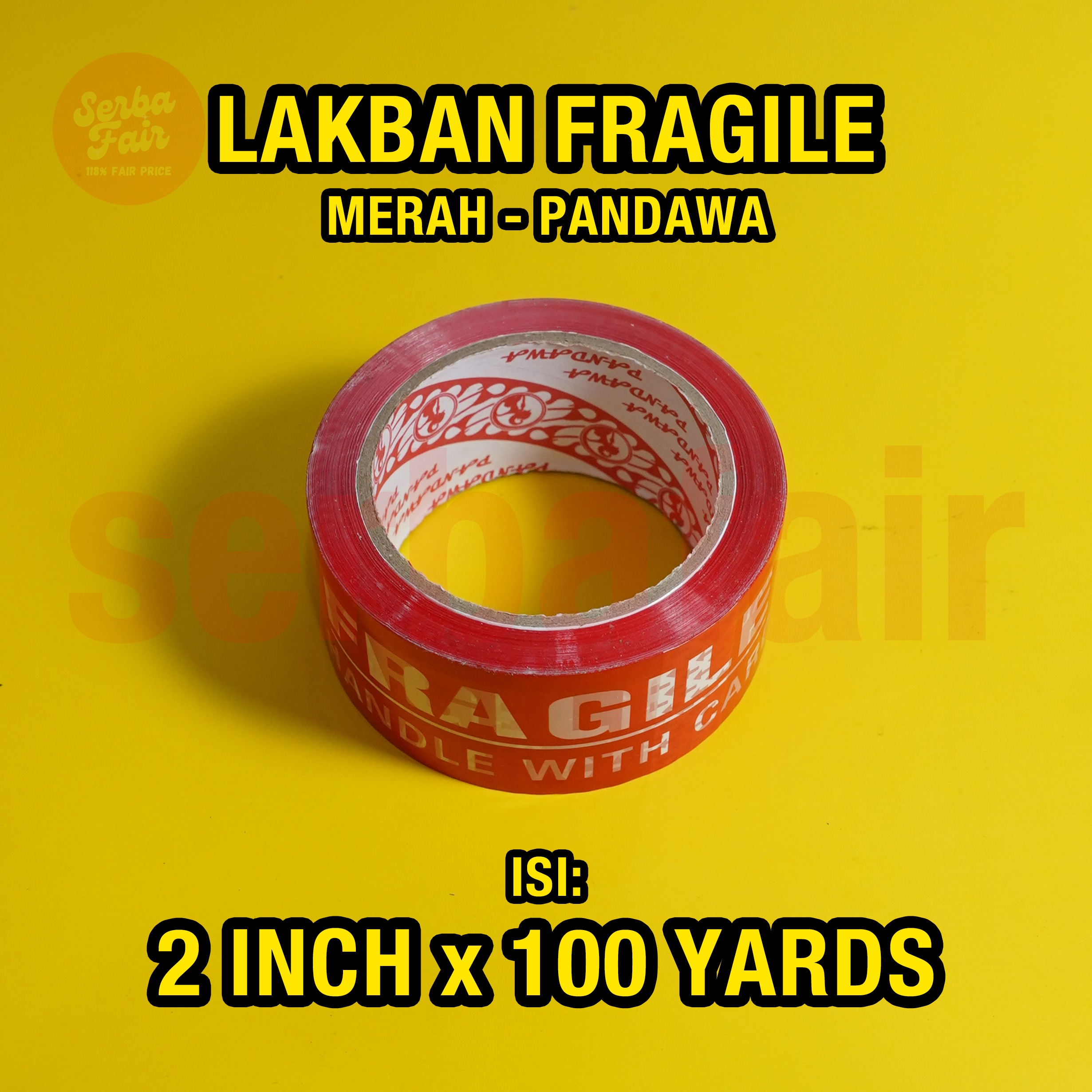 Lakban Fragile Merah / Putih Pandawa 2 Inch (48mm) 100 Yards Eco MURAH