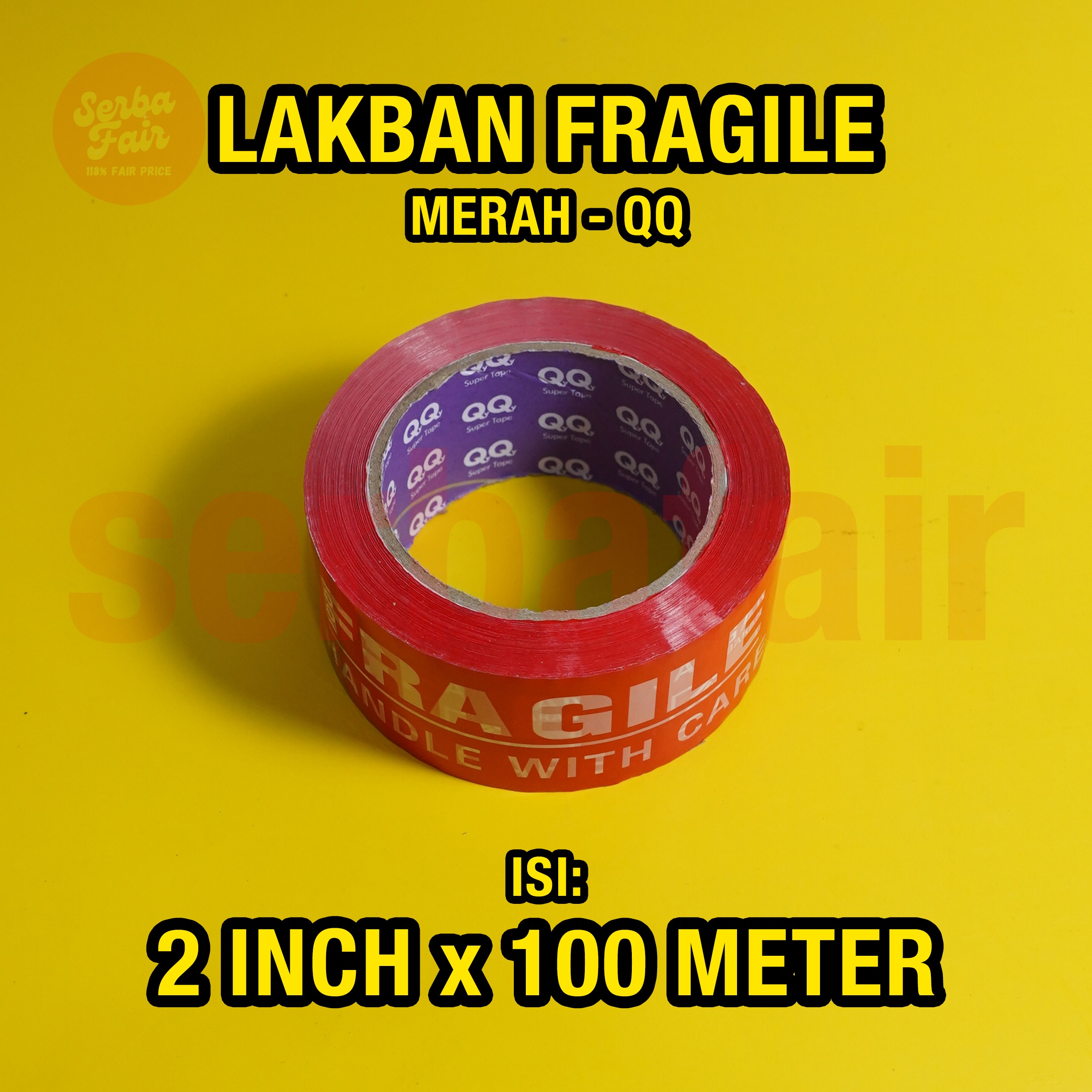 Lakban Fragile QQ Jangan Dibanting Merah / Putih 100Meter FULL Tebal Murah Ekonomis
