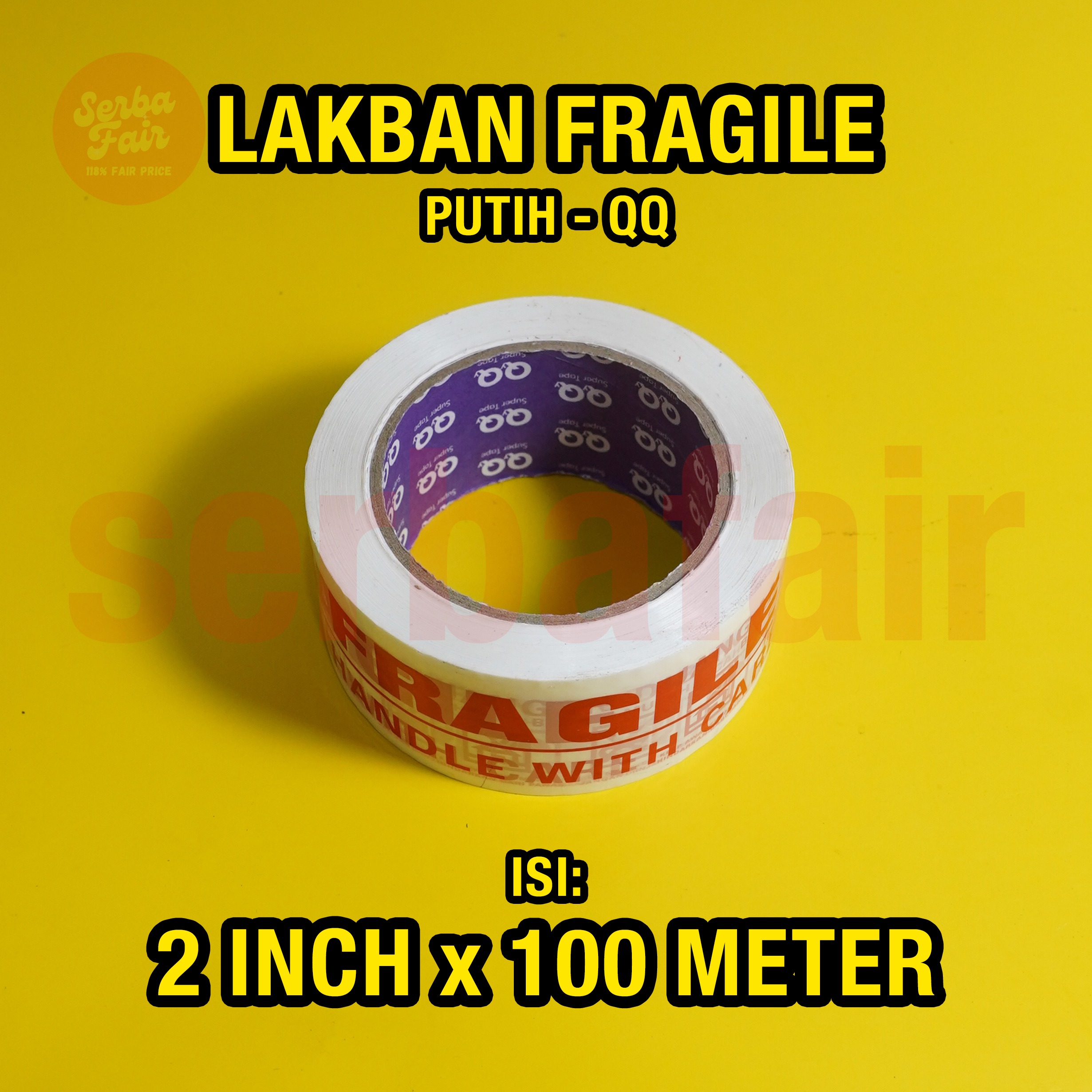 Lakban Fragile QQ Jangan Dibanting Merah / Putih 100Meter FULL Tebal Murah Ekonomis