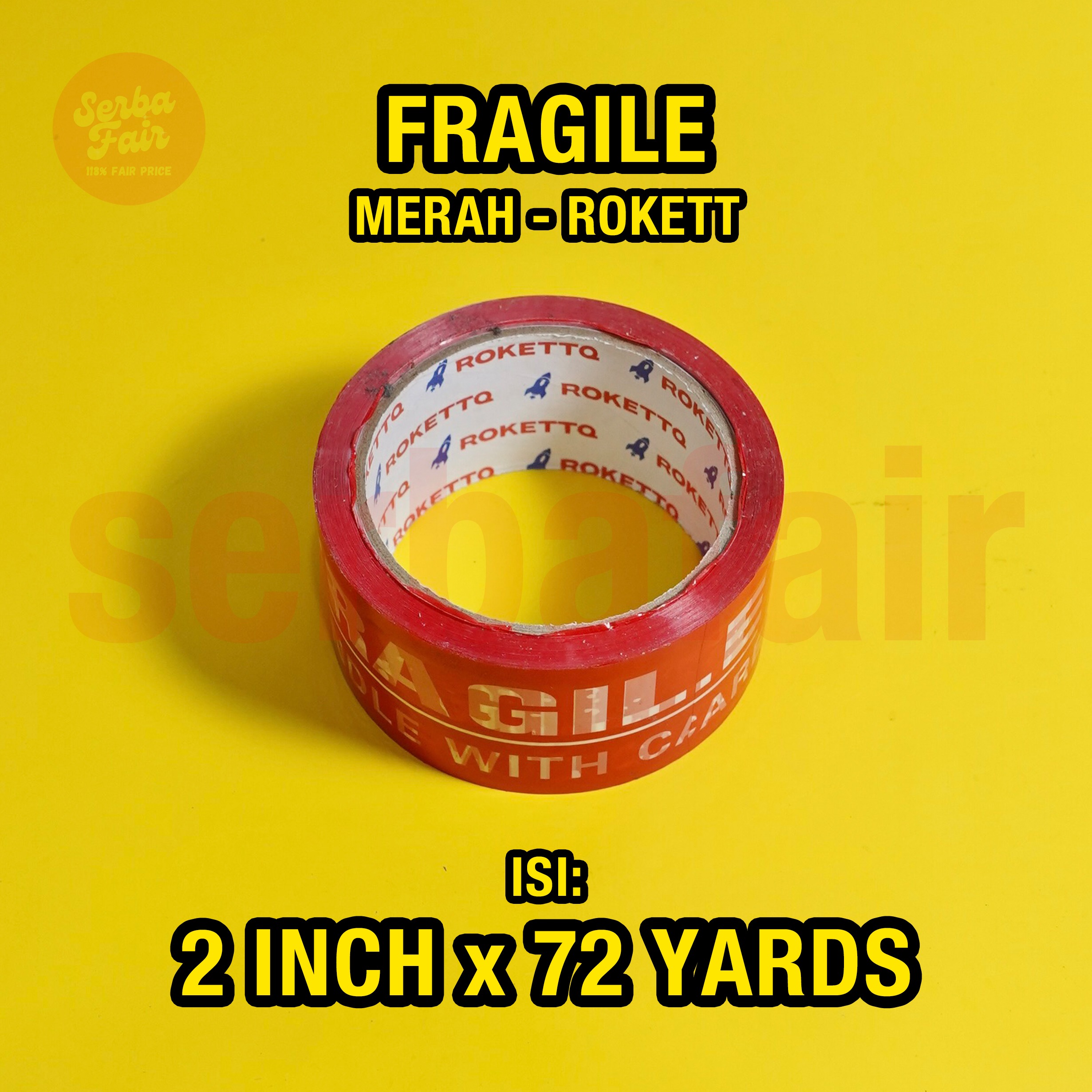 Lakban Fragile Merah / Putih ROKETT 2 Inch (48mm) 72 Yards Ecos 2 Bahasa Lengkap TOP TERMURAH