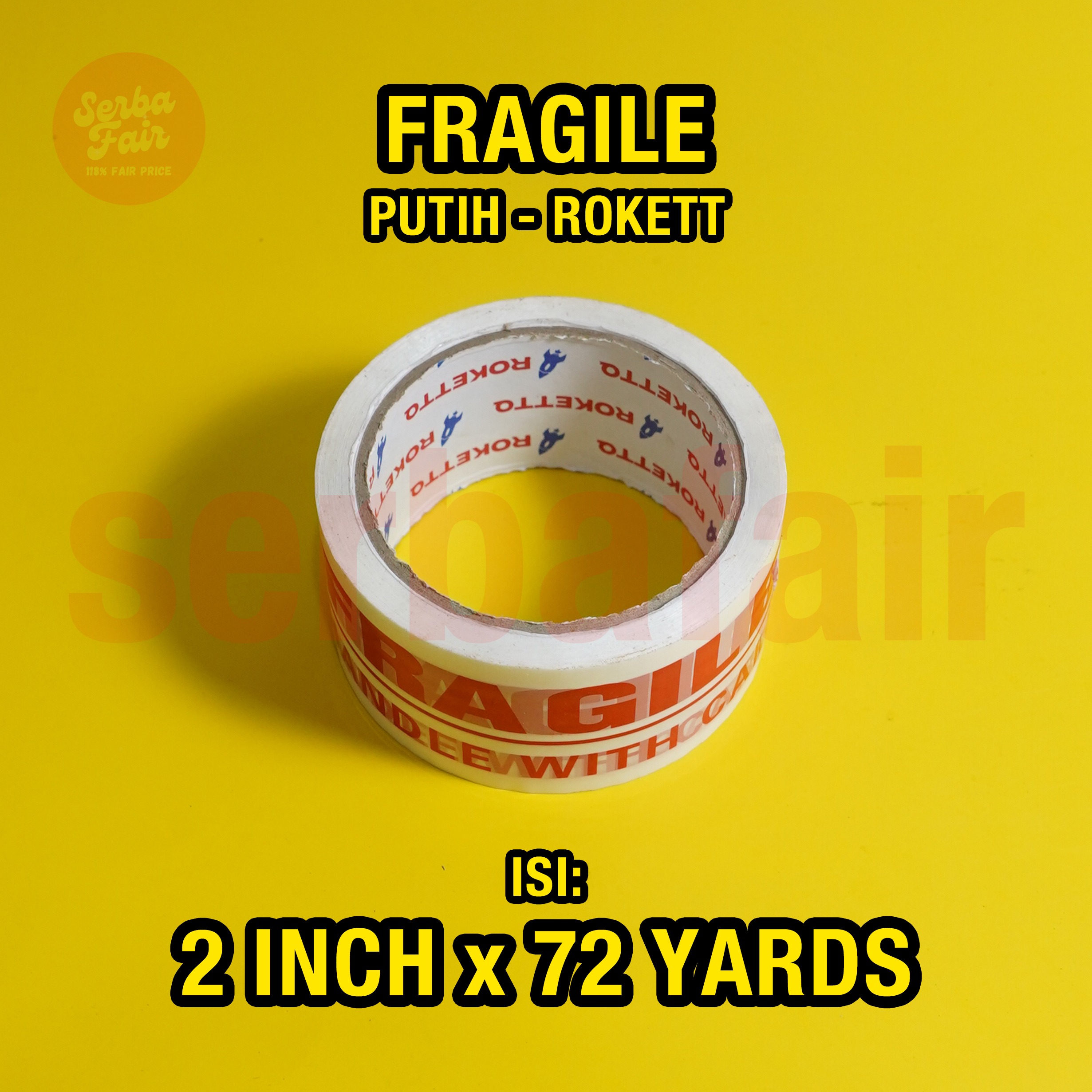 Lakban Fragile Merah / Putih ROKETT 2 Inch (48mm) 72 Yards Ecos 2 Bahasa Lengkap TOP TERMURAH