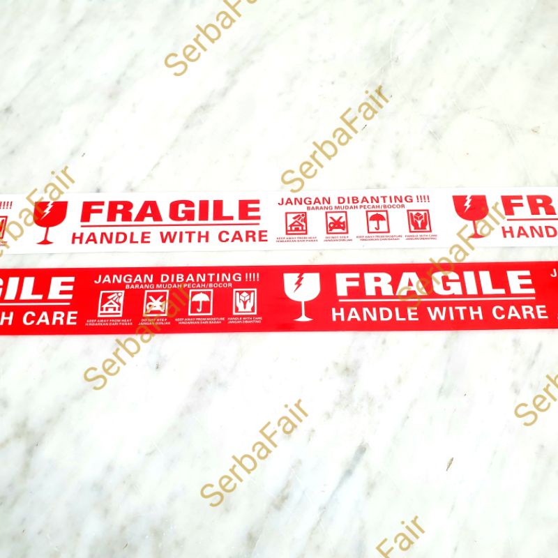 Lakban Fragile QQ Jangan Dibanting Merah / Putih 100Meter FULL Tebal Murah Ekonomis