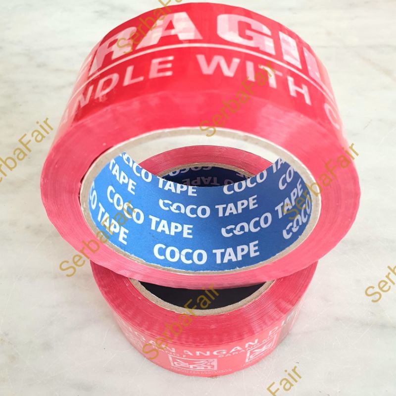 Lakban Fragile Merah / Putih Coco 2Inch (48mm) 90Yards 2bahasa LENGKAP