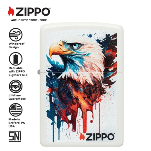 Image of ZIPPO Original 46692 Painted Eagle Design - White Matte with Colour Image - Korek Api Windproof USA