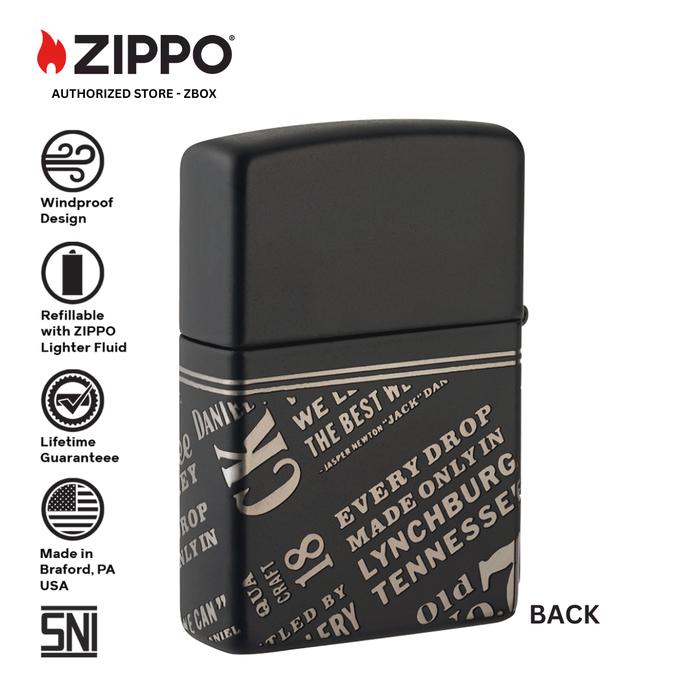 46279 - ZIPPO® Jack Daniel's® Logos & Slogans Design - Black Matte with 360° Laser Engraving