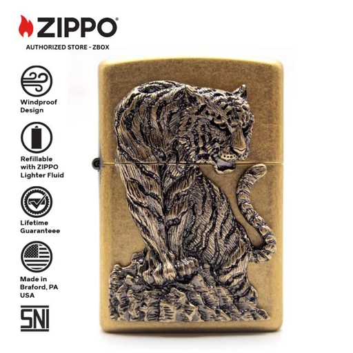 Image of ZA-1-87A - ZIPPO® Tiger Hunter - Brass Finish with Emblem Attached