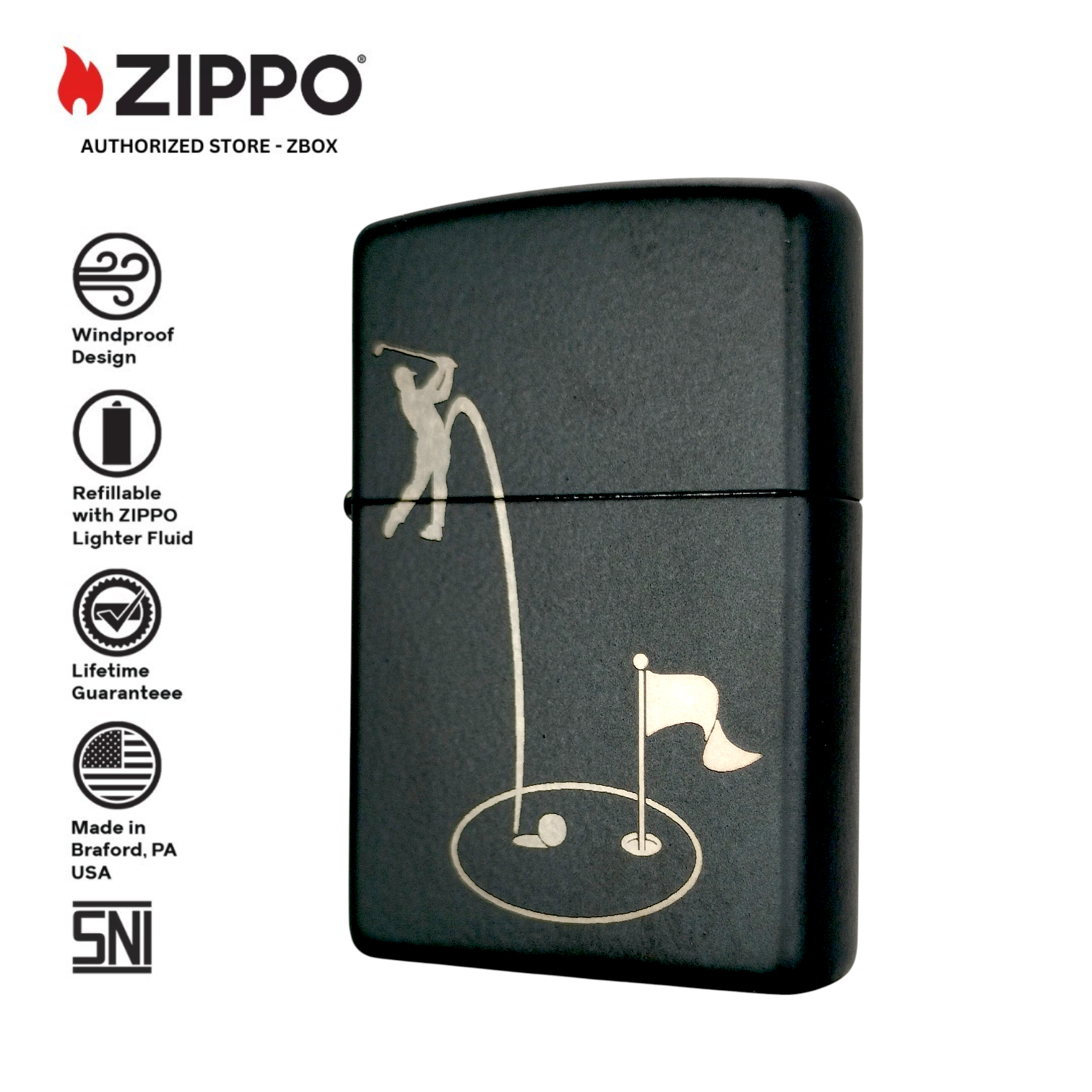 ZI-21805 – ZIPPO Golf Hole-in-One, Matte Black, Laser Engraving