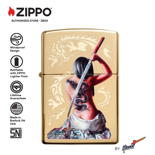 29668 - ZIPPO® Mazzi® Dragon Warrior Design  - High Polish Brass Lustre etch & Colour Image