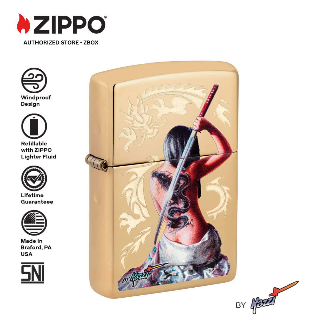 29668 - ZIPPO® Mazzi® Dragon Warrior Design - High Polish Brass Lustre etch & Colour Image