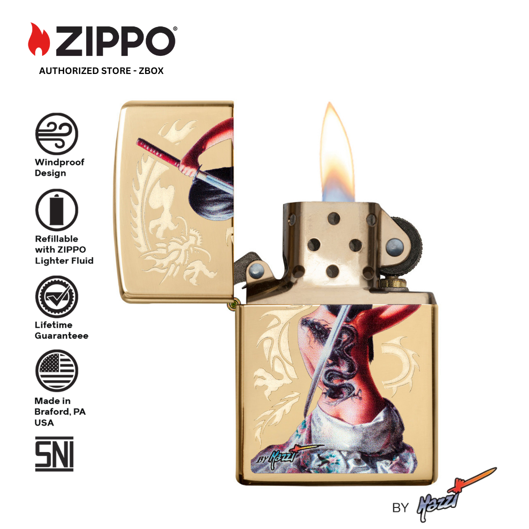 29668 - ZIPPO® Mazzi® Dragon Warrior Design - High Polish Brass Lustre etch & Colour Image