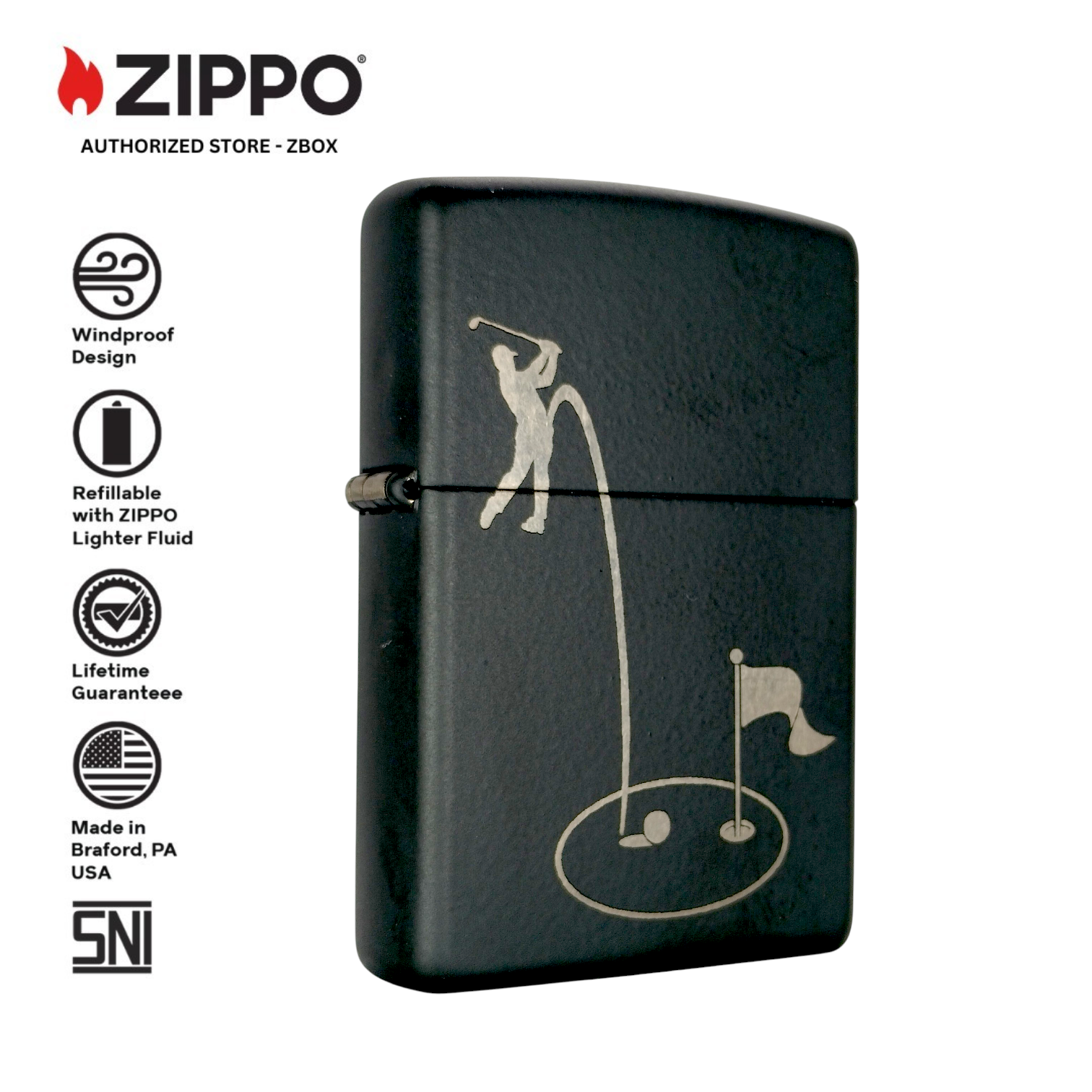 ZI-21805 – ZIPPO Golf Hole-in-One, Matte Black, Laser Engraving