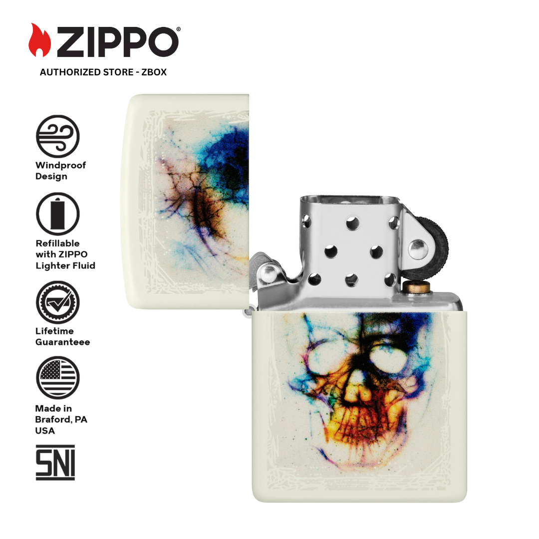 48563 - ZIPPO® Skull Print Glow in The Dark - White Matte